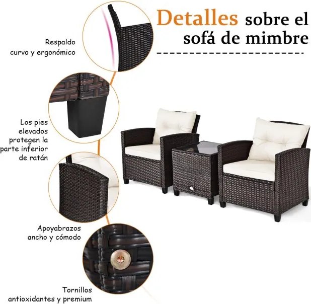 Conjunto Jardim de 3 peças 2 sofás e 1 Mesa com almofadas laváveis para jardim, piscina, varanda Castanho e Branco