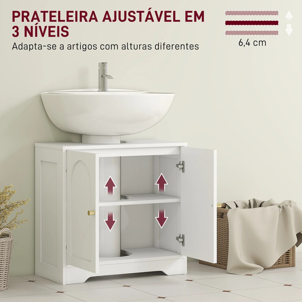 Móvel para Lavatório (NÃO INCLUIDO) Pousar com 2 Portas em Arco Puxadores Dourados para Lavatório com ou sem Pedestal 60x30x65 cm Branco