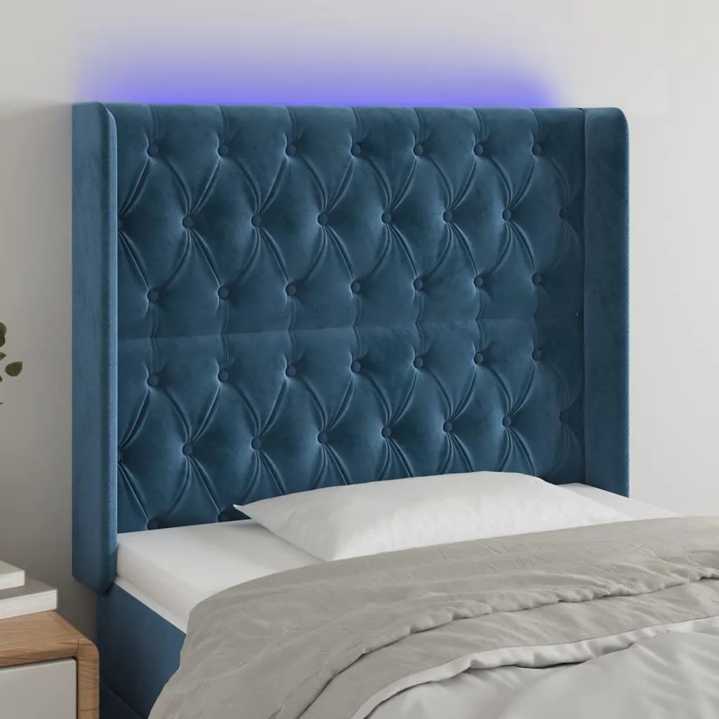 Cabeceira cama c/ luzes LED veludo 103x16x118/128cm azul-escuro