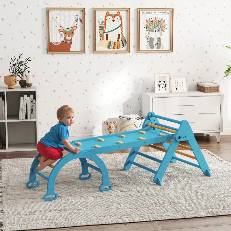 Triângulo de Escalada 7 em 1 com Arco e Rampa Escalada para Crianças de Madeira Dobrável para 18-48 Meses 188x70 cm Azul