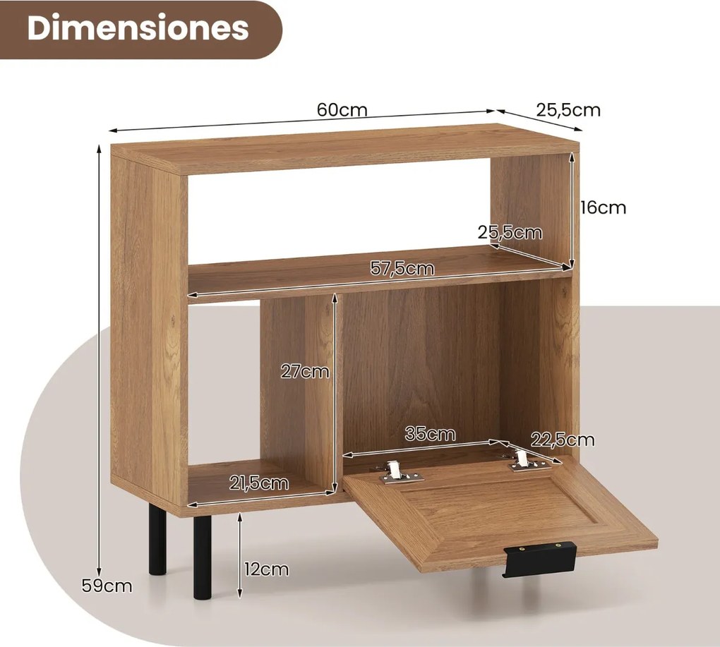 Movel pequeno arrumação 60 x 25,5 x 59 cm em rattan com prateleira de arrumação e pernas em metal para espaços pequenos, sala ou quarto, natural