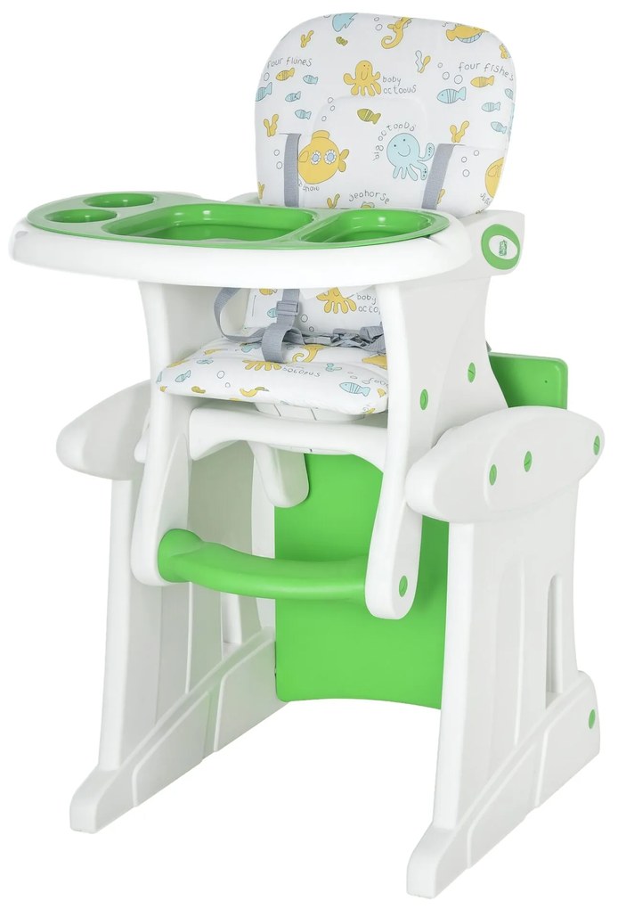 HOMCOM Cadeira para bebês 3 em 1 por mais de 6 meses Transformar em mesa e cadeira multifuncional Ajustável em 3 posições encosto alto Acolchoado Com 2 bandejas removíveis 57x59x105 cm Verde