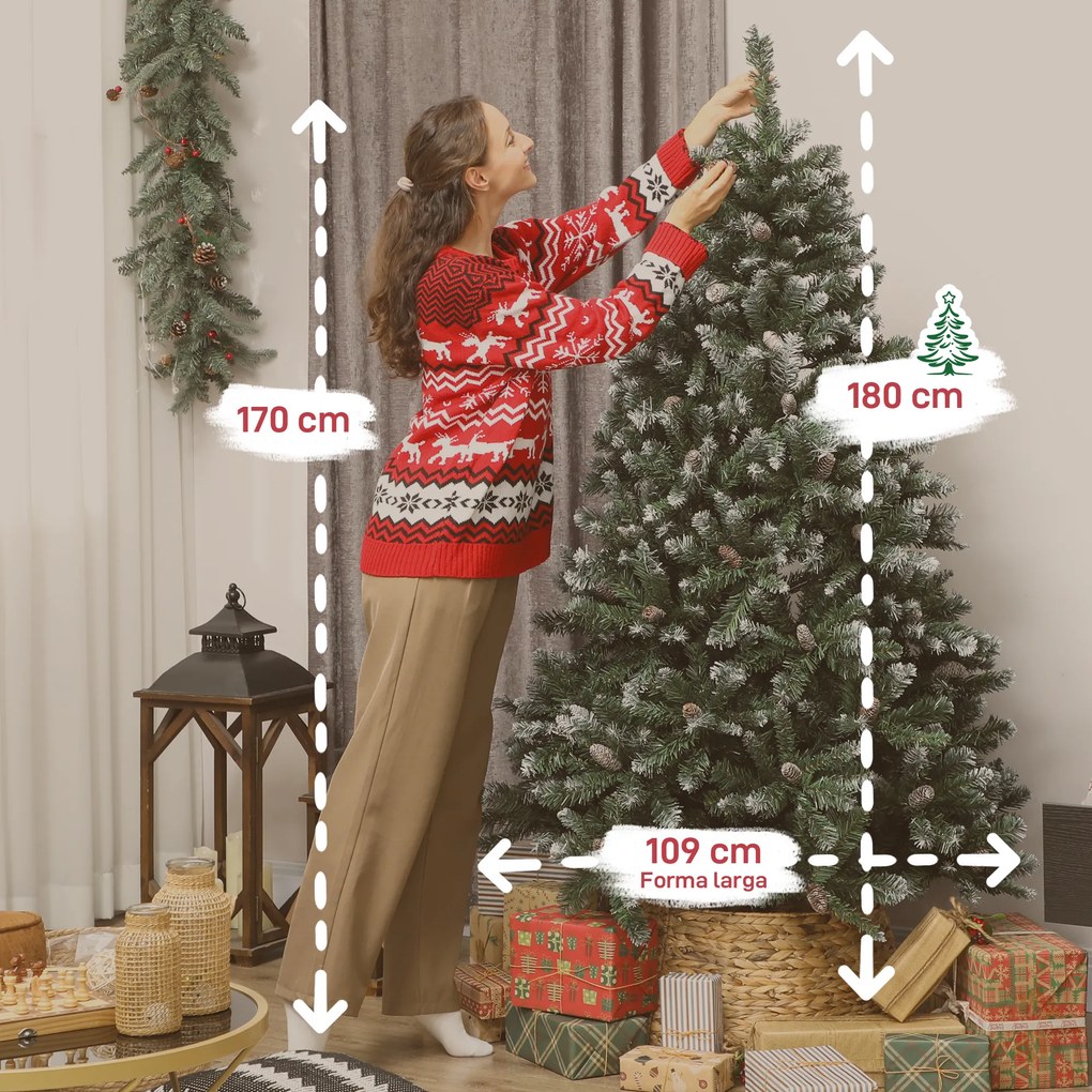 Árvore de Natal Artificial 180 cm Árvore de Natal com 910 Ramos com Efeito Neve 58 Pinhas Verde