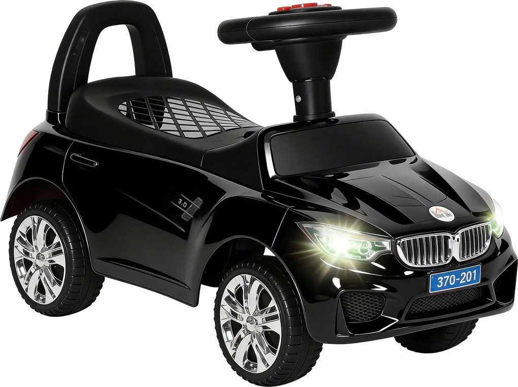 HOMCOM Carro Andador para Crianças com Faróis Música Buzina Volante Compartimento de Armazenamento 63,5x28x36 cm Preto | Aosom Portugal