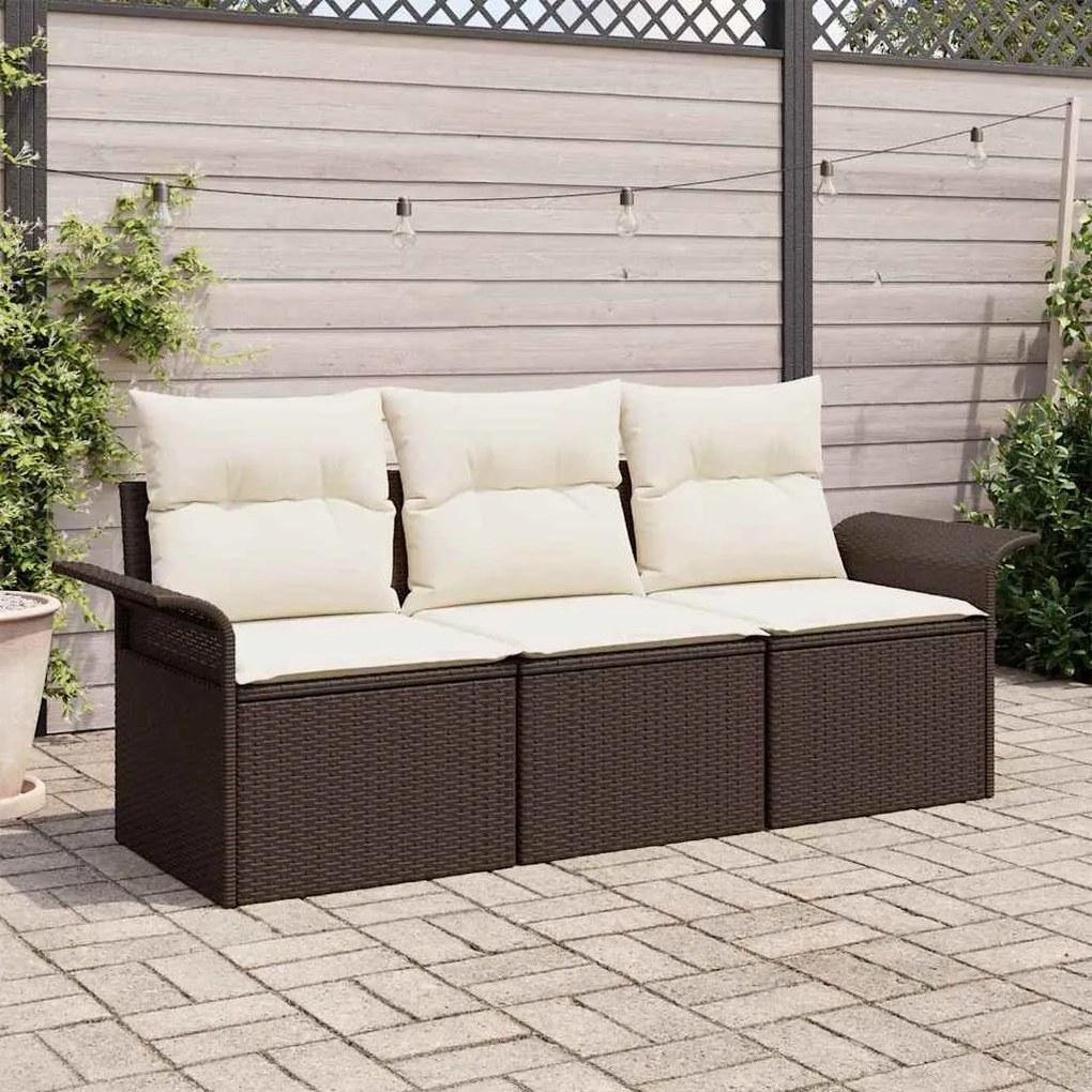 vidaXL Conjunto de Sofá de Jardim 3 Peças com Almofadas - Vime Sintético Marrom