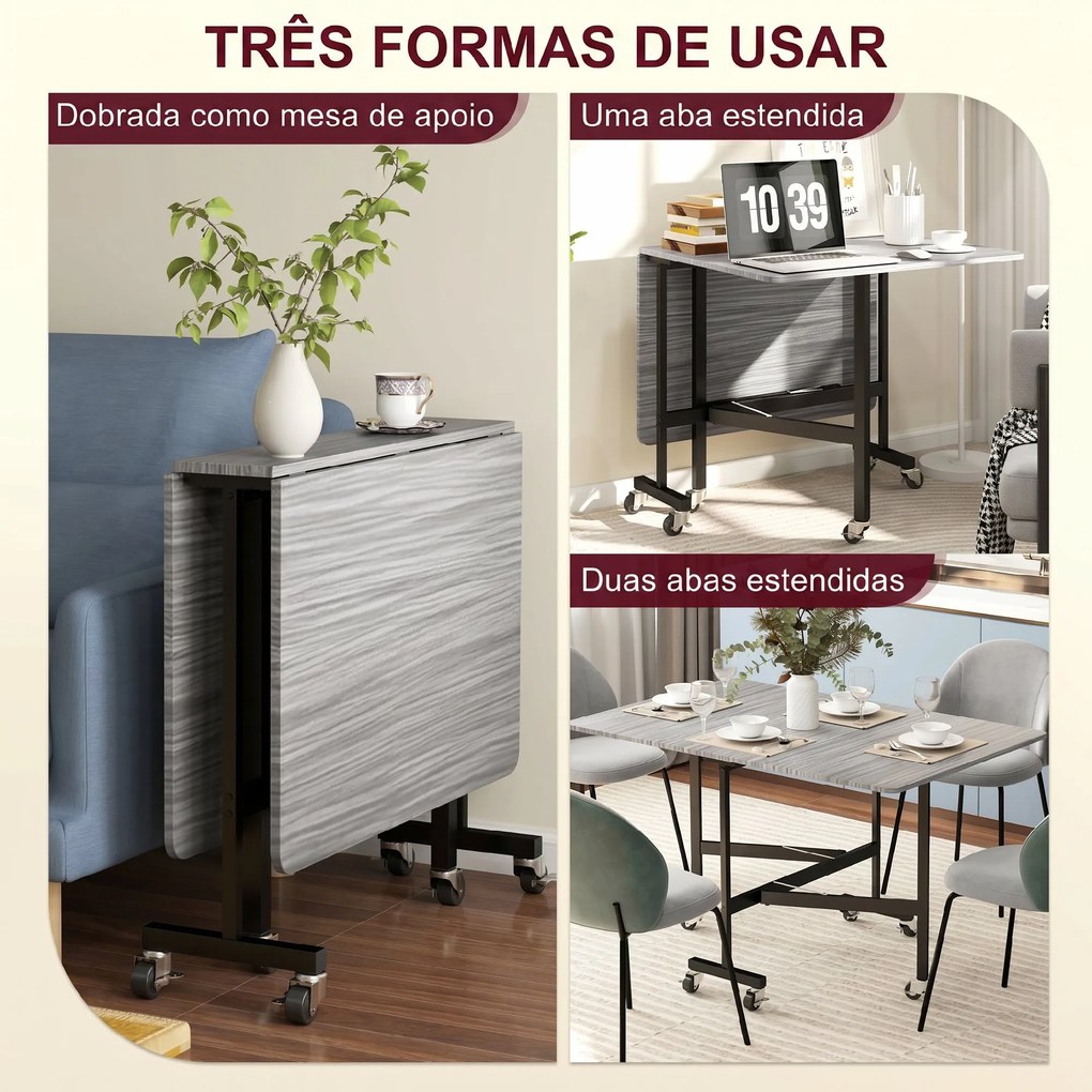 Mesa de Jantar Dobrável com Rodas para 4-6 Pessoas 120 cm (CADEIRAS NÃO INCLUIDAS) 2 Abas Estilo Industrial Cinza