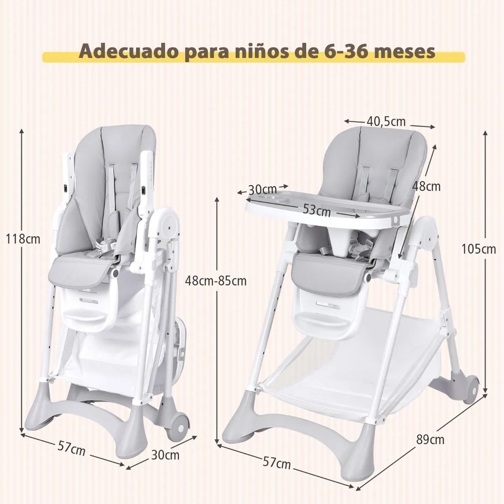 Cadeira Refeição Bebé Alta Cadeira de Jantar Dobrável com Rodas Altura da Almofada em PU Dupla Removível 89 x 57 x 105 cm Cinzento