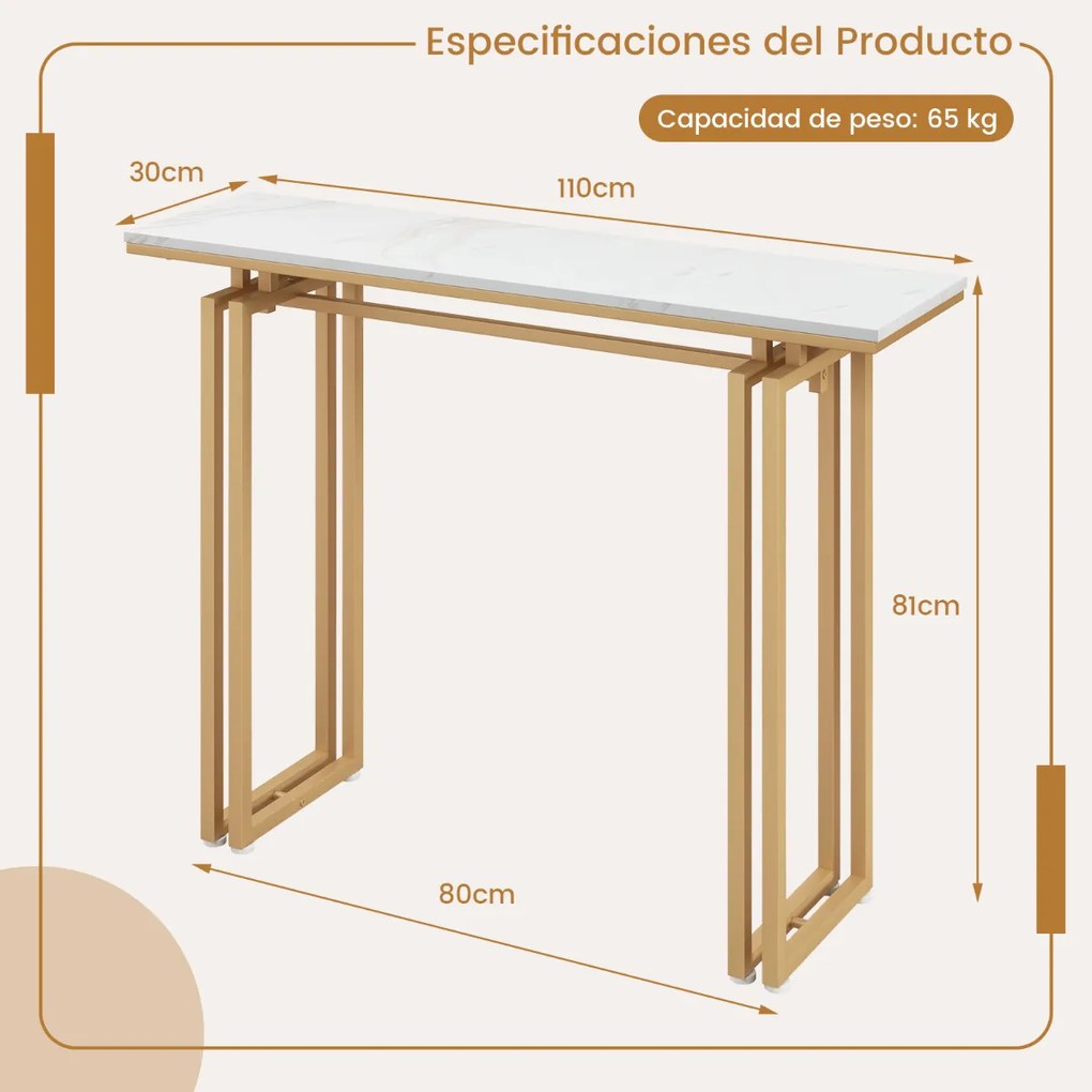 Mesa consola moderna com tampo de mármore falso e estrutura metálica Mesa de apoio comprida para sala de estar, corredor, hall de entrada 110 x 30 x 8