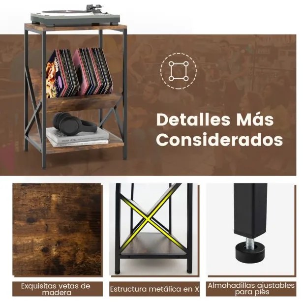 Estante de 3 níveis para gira-discos com porta-revistas em forma de V Estrutura metálica em forma de X Almofadas ajustáveis Castanho rústico