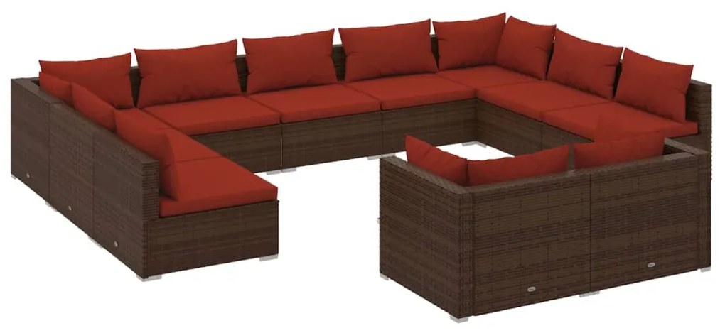 11 pcs conjunto lounge jardim c/ almofadões vime PE castanho