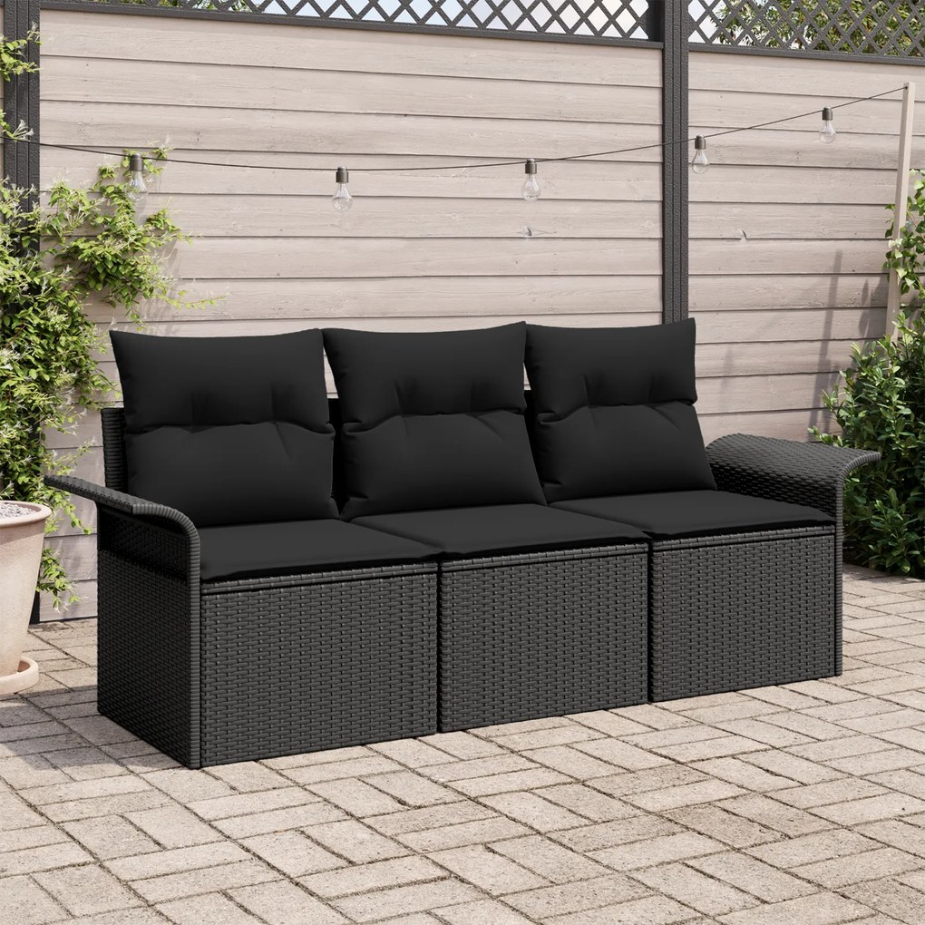 Conjunto de Sofá de Jardim de 3 Peças com Almofadas Preto Rattan PE