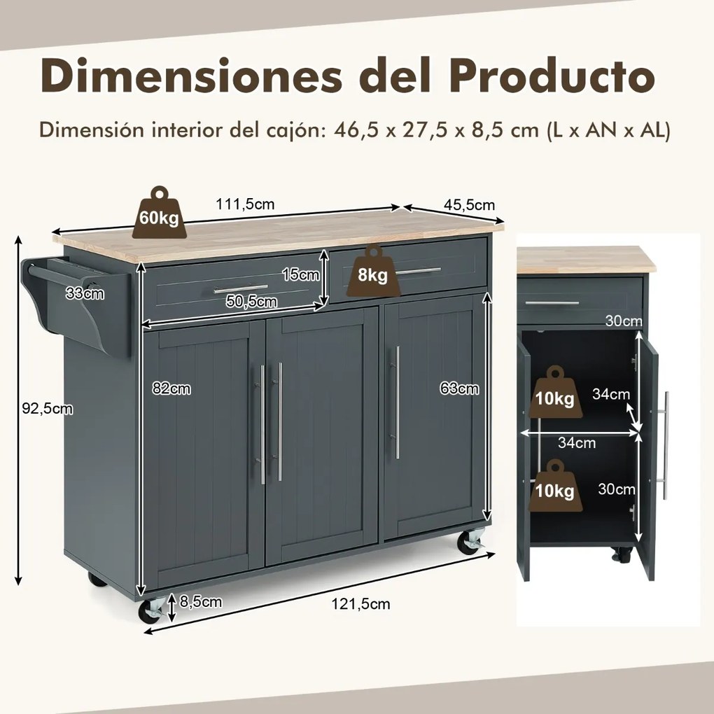 Carrinho de cozinha com rodas 121,5 cm x 45,5 cm x 92,5 cm, 2 gavetas, 2 armários, ilha de cozinha com rodas, porta-toalhas, facas, prateleira ajustáv