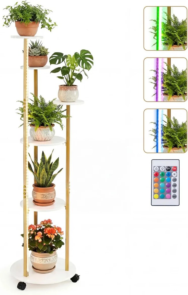 Suporte para plantas de canto com 6 níveis 45 x 43 x 146,5 cm, rodas bloqueáveis, luzes LED com 16 cores, comando à distância, branco