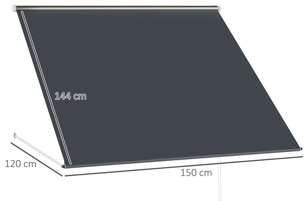 Toldo Retrátil para Janela 150x120 cm com Estrutura de Alumínio Ângulo de Inclinação Ajustável Anti-UV e Impermeável Cinza Escuro