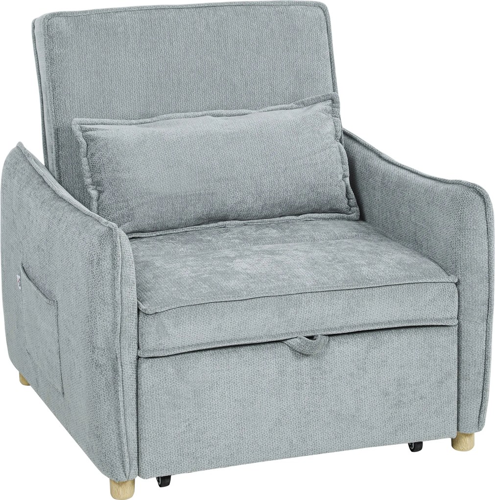 HOMCOM Poltrona conversível 1 lugar 3 em 1, poltrona-cama clic-clac em chenille, assento largo encosto ajustável, 88x84x87cm, cinza | Aosom Portugal