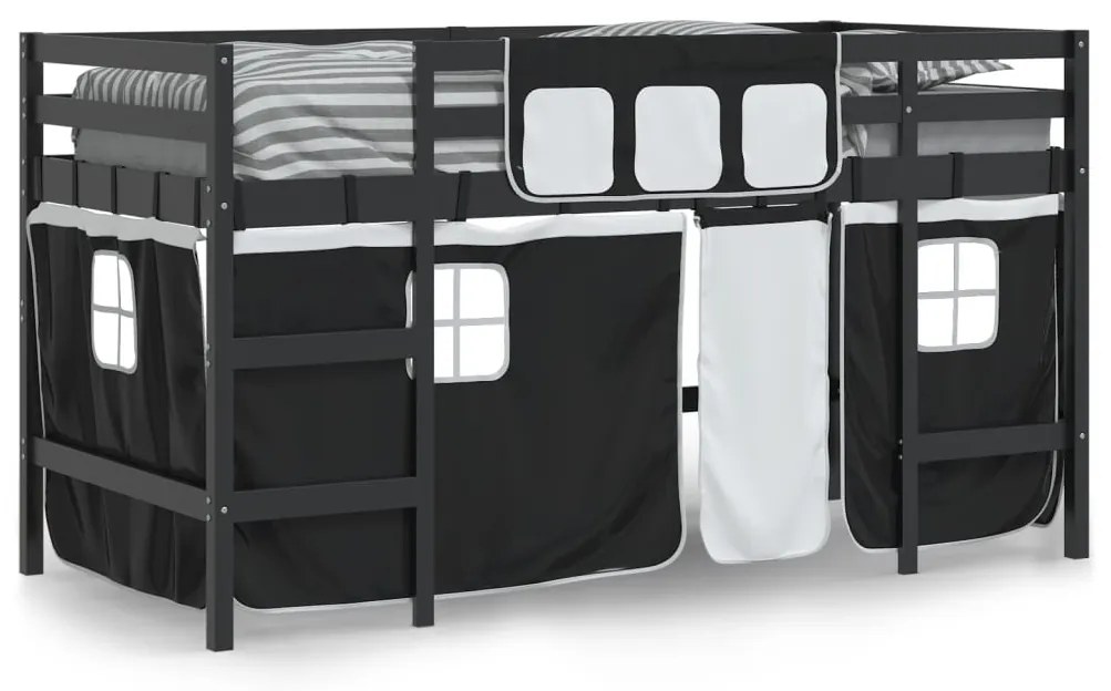 Cama alta criança c/ cortina 90x200cm pinho maciço branco/preto