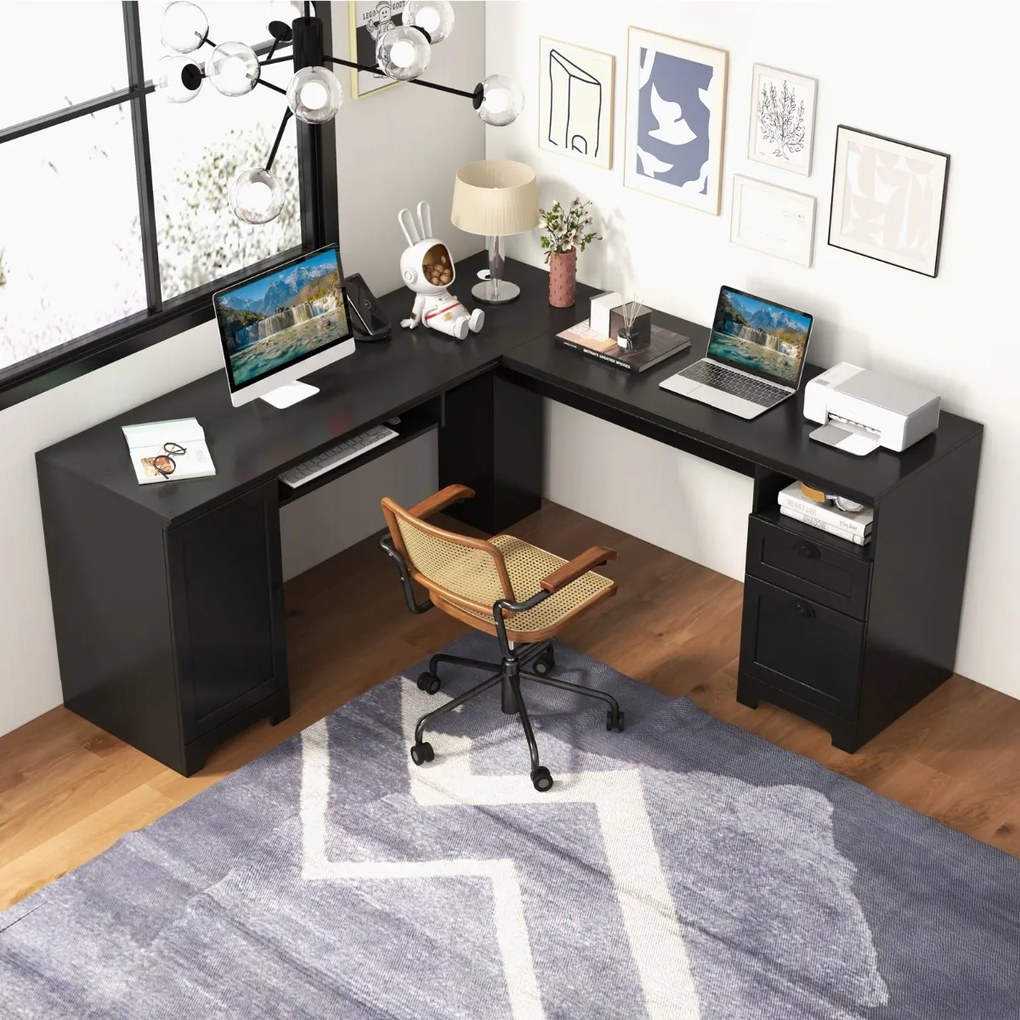 Secretaria computador de canto em L com gavetas e bandeja para teclado para escritorio 168 x 168 x 76 cm Preto