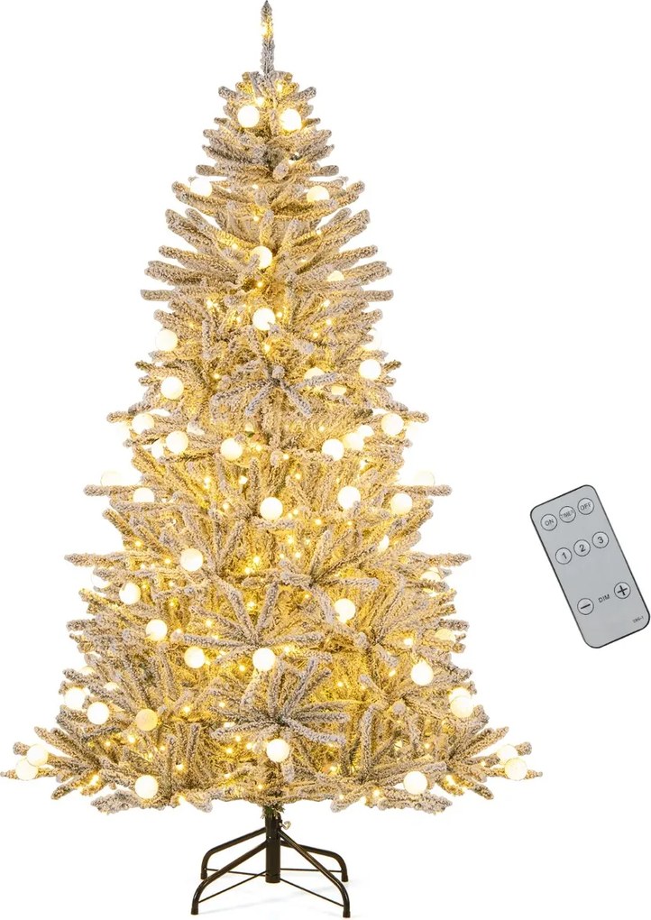 Árvore de Natal artificial nevada de 180 cm com 51 luzes esféricas, 250 luzes LED brancas quentes, 37 pontas de ramos e temporizador prateado