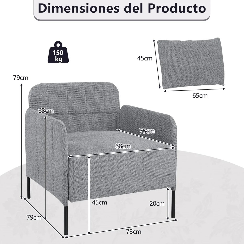 Sofá individual com almofada e pés ajustáveis Cadeira moderna de leitura 73 x 79 x 79 cm Cinza