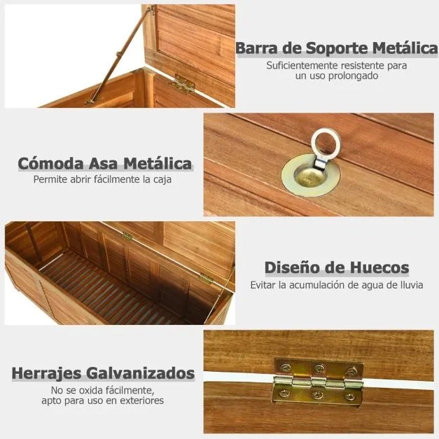 Baú de armazenamento exterior em madeira de acácia 120 x 45 x 45 cm com capacidade para 178 l, carga de 150 kg, para jardim ou pátio,, natural