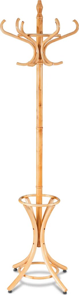 Cabide de pé estilo árvore com pés de madeira para pendurar casacos. Inclui suporte para guarda-chuvas natural