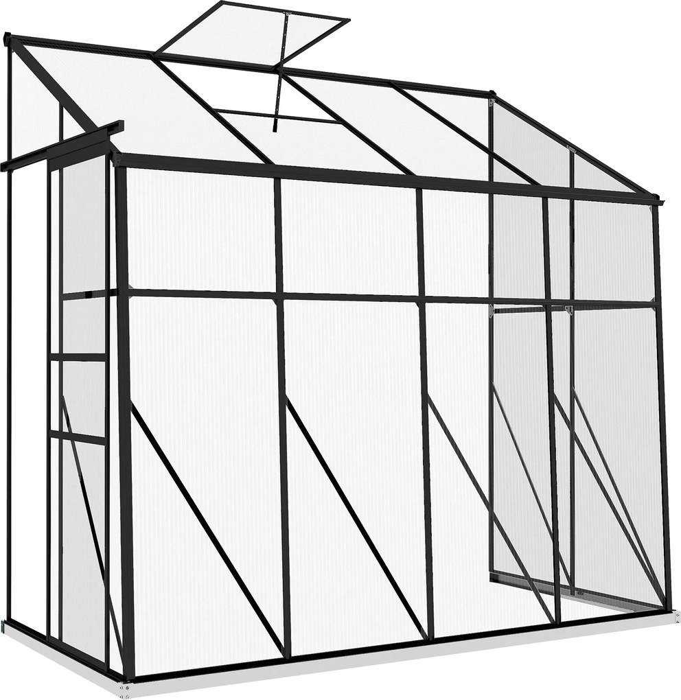 Outsunny Estufa Adossada Estufa de Jardim em Policarbonato com Porta de Correr Ventilação de Telhado Fundação 127x253x240 cm Preto | Aosom Portugal