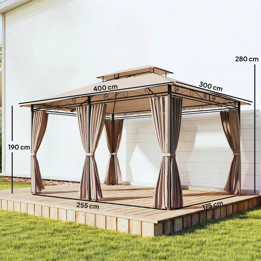 Pérgola para Jardim 3x4 m Pérgola de Exterior com Telhado Duplo 6 Paredes Laterais Estrutura Metálica Caqui