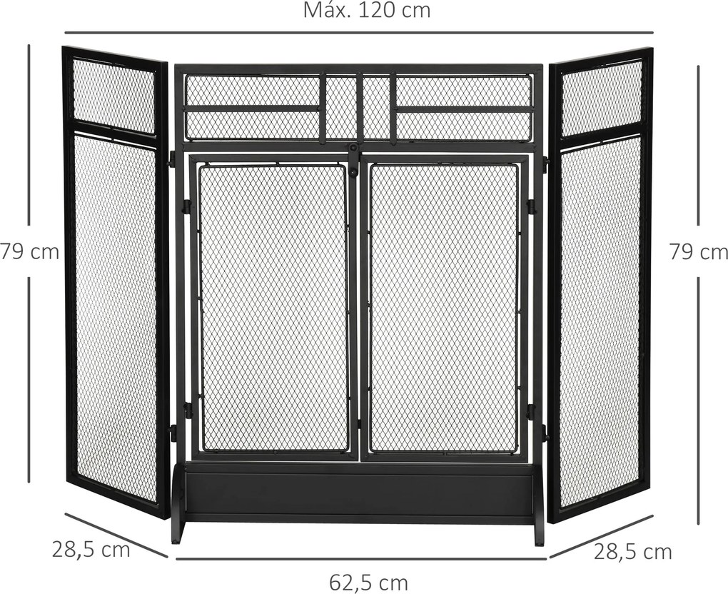 Frente de Lareira Dobrável Frente para Lareira com 3 Painéis com Porta