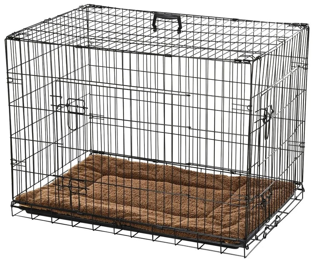 PawHut Gaiola para Cães com Almofada Incluída Gaiola para Animais de Estimação com Alça de Transporte e Grade de Arame 60x43x49,5cm Preto e Marrom