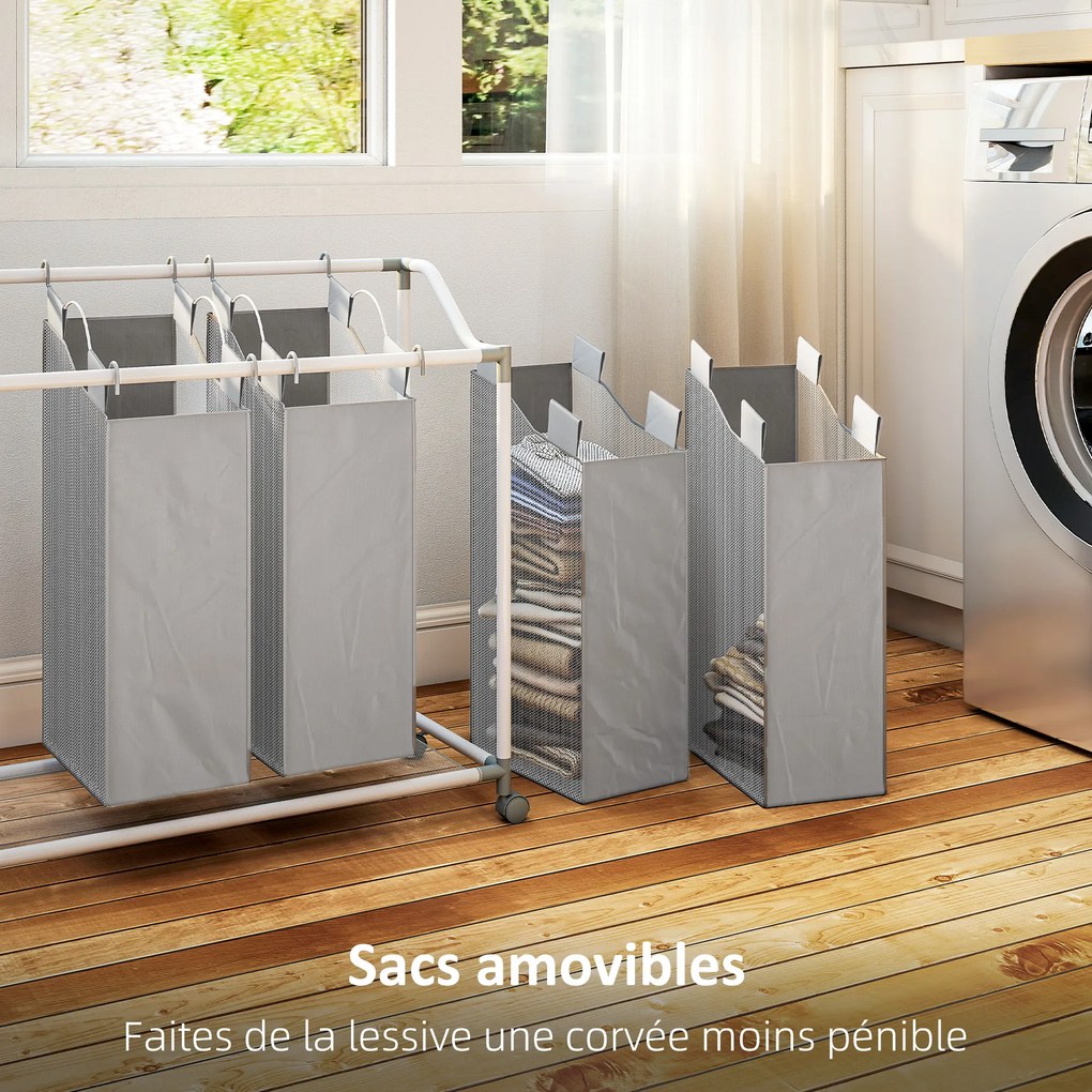 Cesto de roupa suja com rodas 4 x 40 L, 97 x 38 x 81 cm, carrinho para roupa suja, cesto com rodas com 4 sacos removíveis, cinzento
