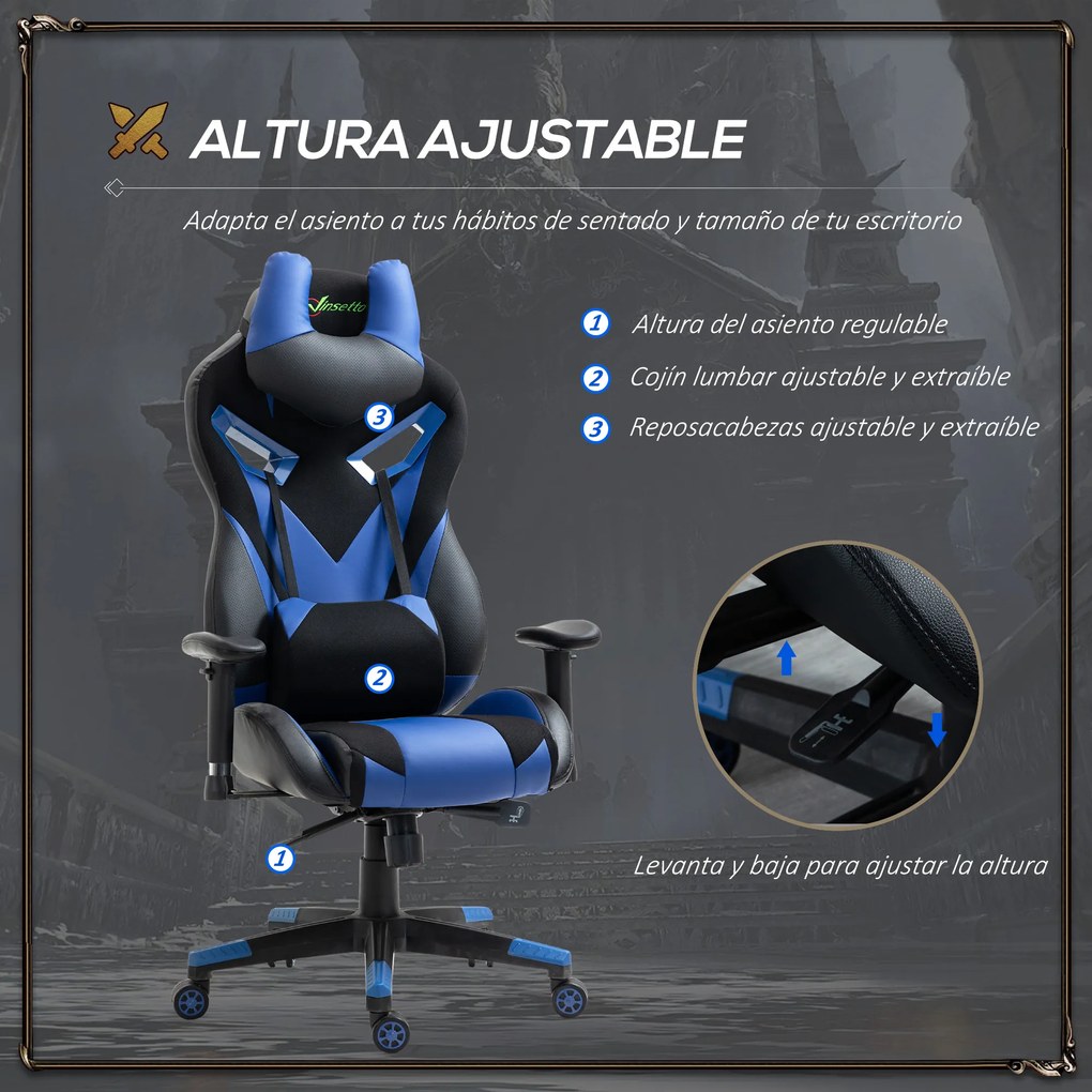 Vinsetto Cadeira de Gaming Ergonômica Cadeira Gamer Giratória com Altura Ajustável Apoio para o Braço Apoio para a Cabeça e Almofada Lombar Removíveis 72x77x127-13cm Azul
