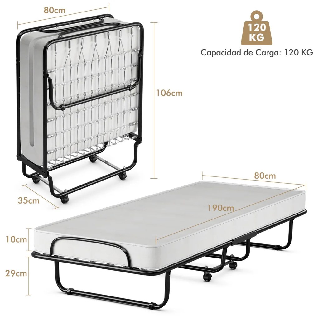 Cama dobrável com colchão de espuma viscoelástica Estrutura metálica 4 rodas Cama individual portátil