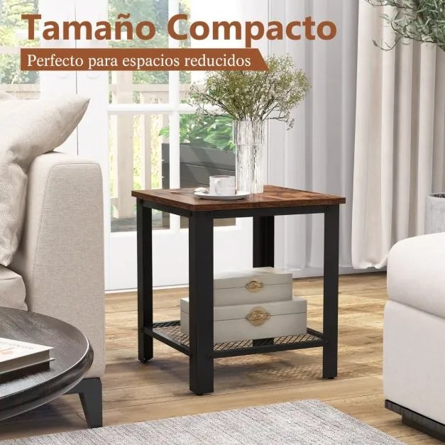 Mesa de apoio, mesa cabeçeira de 2 níveis quadrada com estante de rede Estrutura metálica Mesa de cabeceira com estrutura metálica para sala de estar