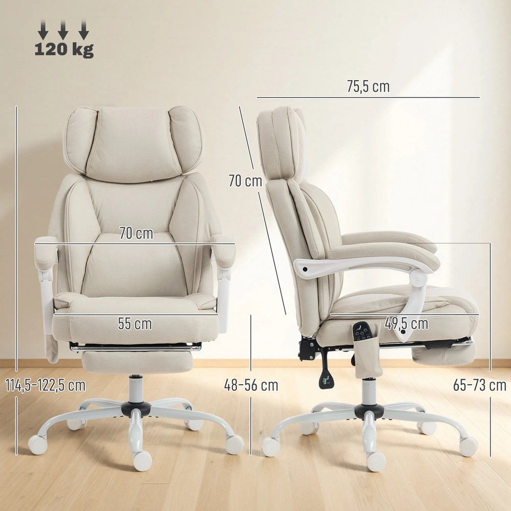Cadeira de alto encosto com massagem vibratória e aquecimento, ergonómica, reclinável, com apoio para os pés, creme branco