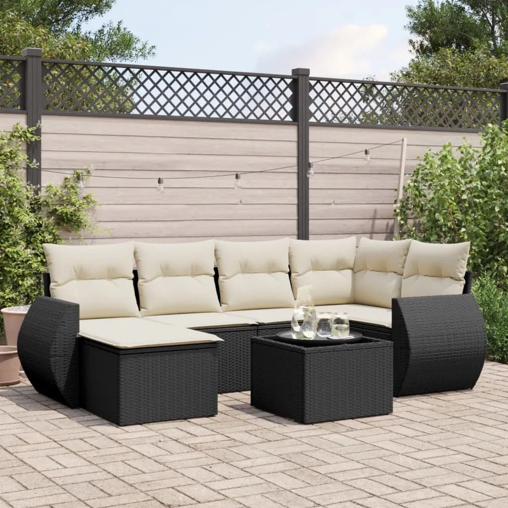 7 pcs conjunto de sofás p/ jardim c/ almofadões vime PE preto