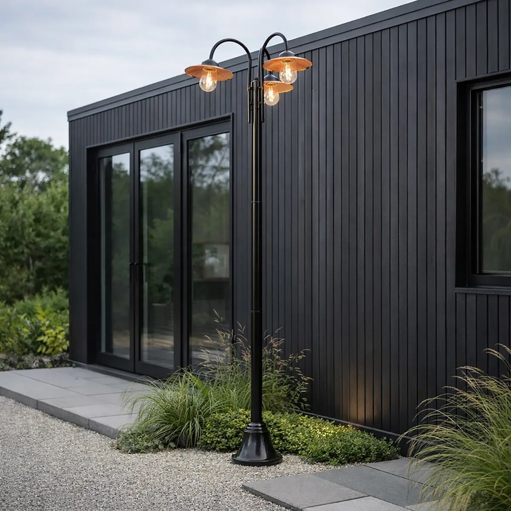 Candeeiro de Exterior Moderno Preto com Cobre 235cm 3-Luzes IP44 - Munique