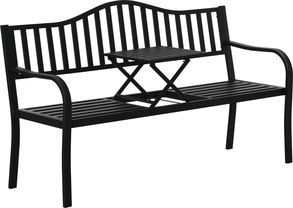 Outsunny Banco de Jardim de 2 Lugares Mesa Extensível Banco de Assento Max.240 Kg Encosto e descansos de Braço 150x58,5x90 cm Preto | Aosom Portugal