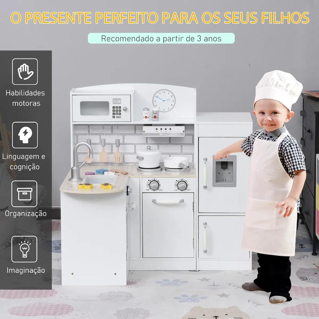 Cozinha de Brinquedo de Madeira para Crianças acima de 3 Anos Cozinha Infantil com Frigorífico Microondas Lavatório e 14 Acessórios 86x64x84,5cm Branc