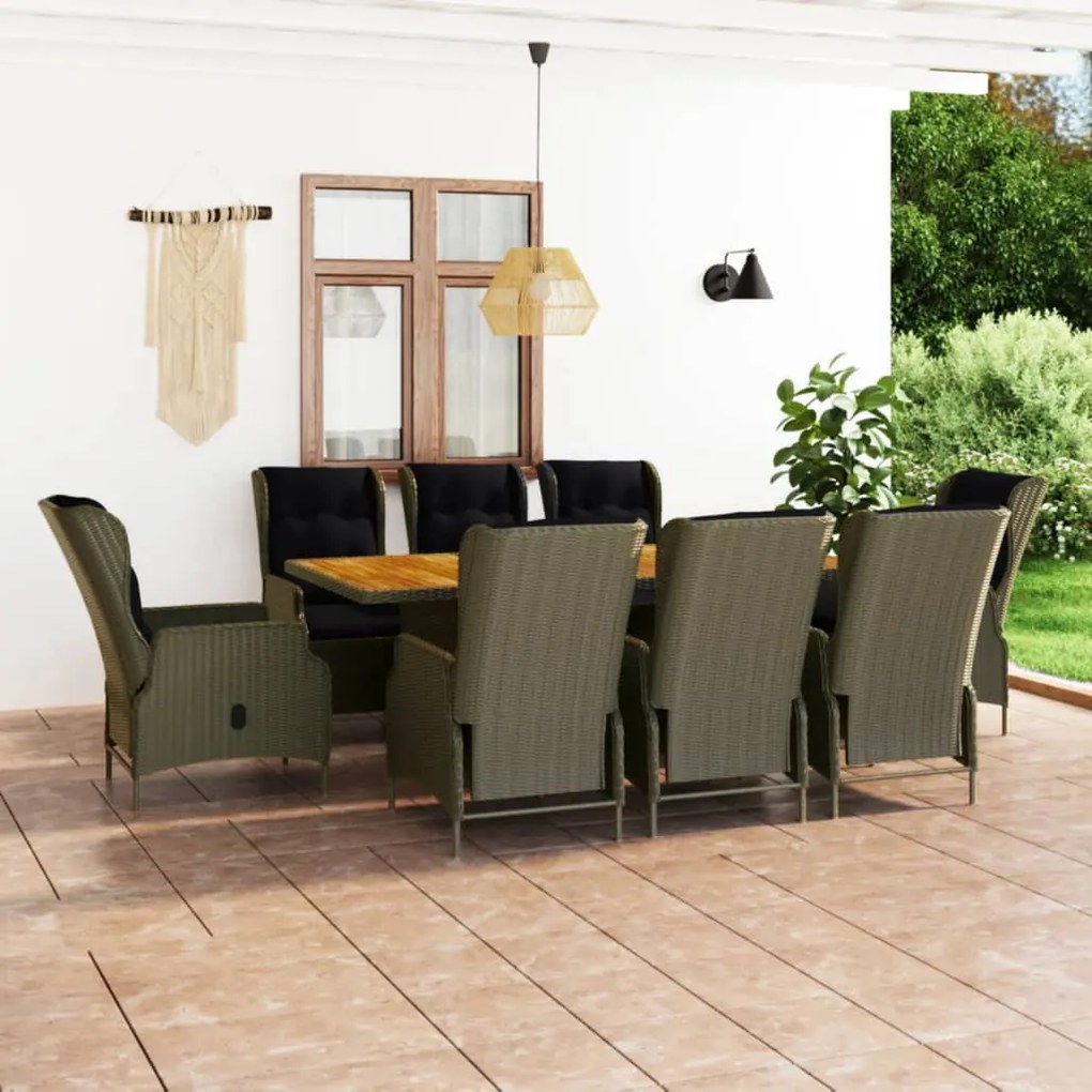vidaXL 9 pcs conjunto jantar exterior com almofadões vime PE castanho
