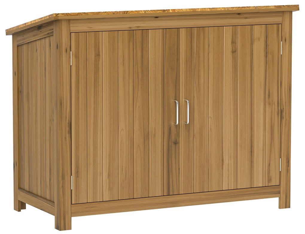 Outsunny Armário de Jardim em Madeira Abrigo de Jardim Exterior com Teto Inclinado 2 Prateleiras e 2 Portas 110x50x85 cm Marrom | Aosom Portugal