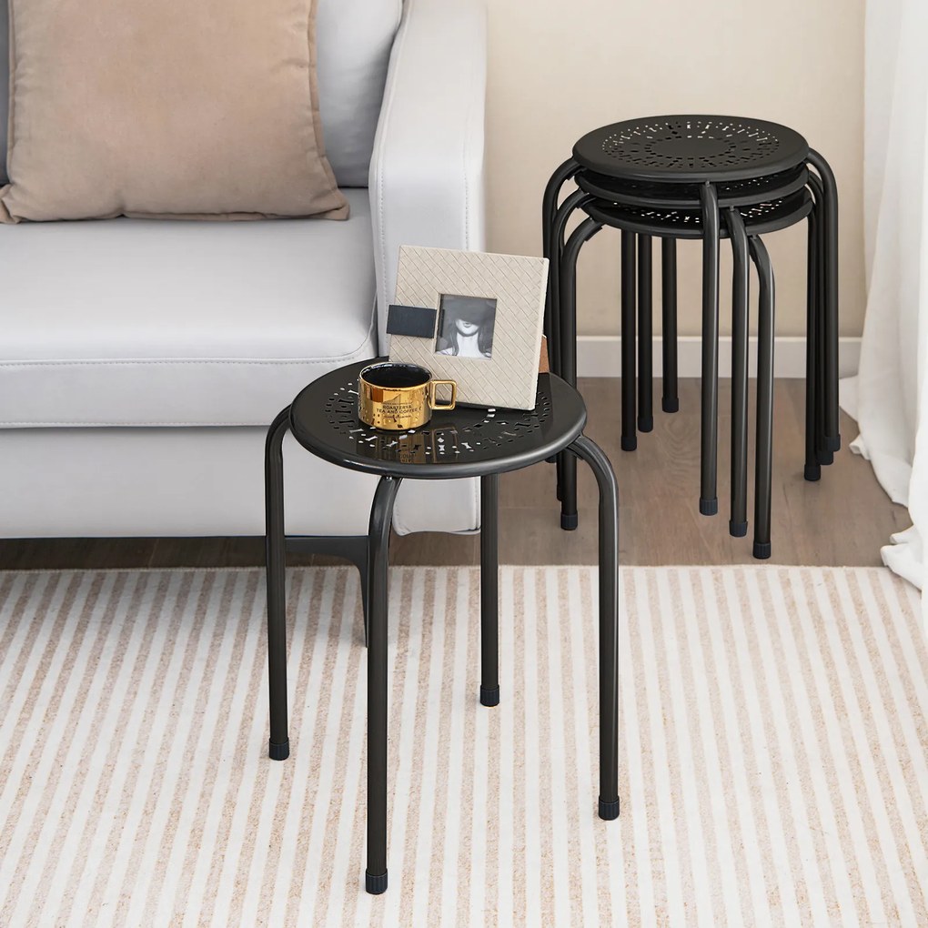 Conjunto de 6 Bancos Empilháveis, 30 x 30 x 44,5 cm, Estrutura Metálica Resistente, Preto