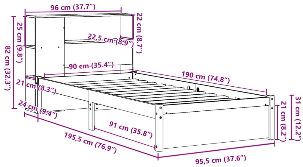 Cama com estante sem colchão 90x190 cm pinho maciço branco