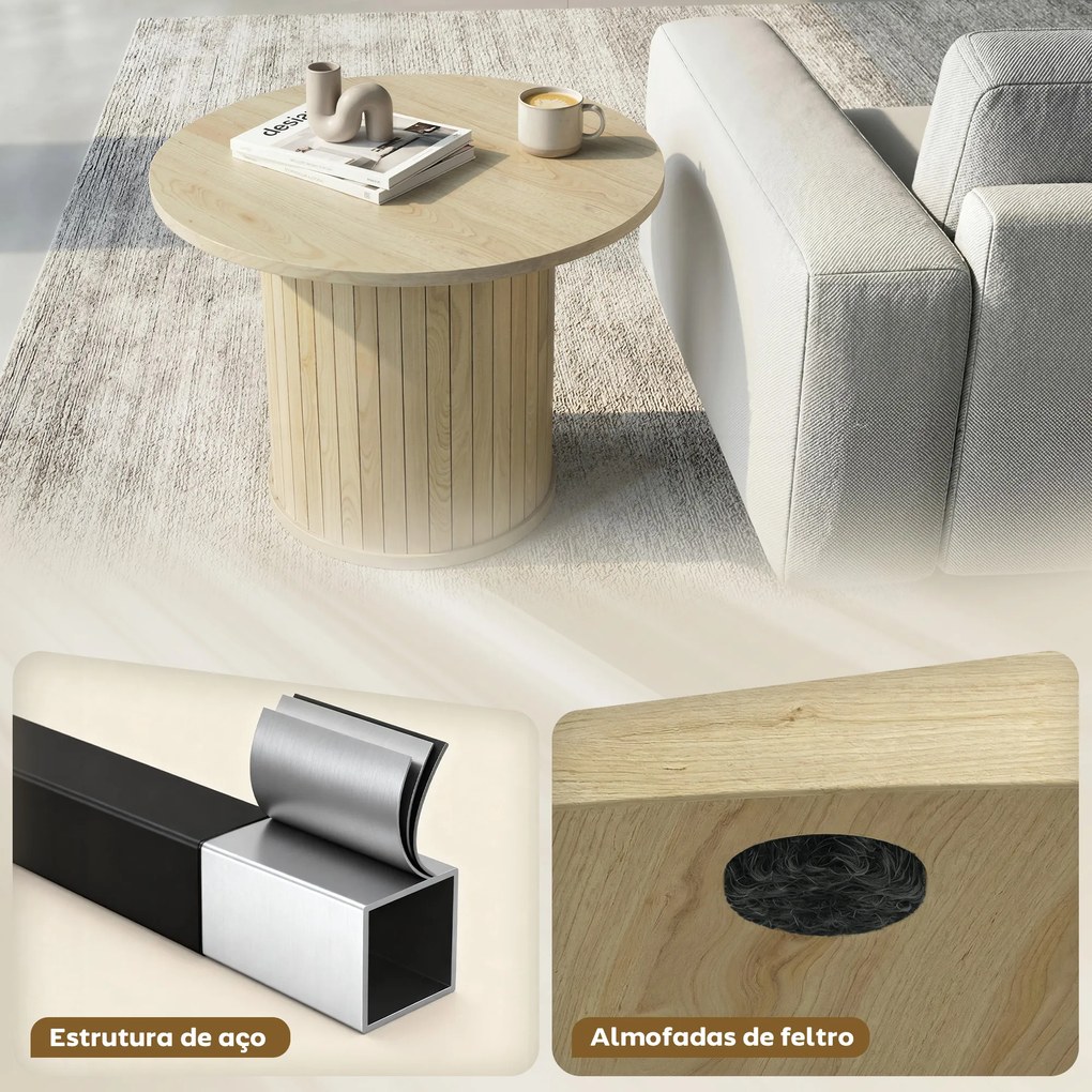 Mesa de Centro Redonda com Base de Coluna de Ripas para Sala de Estar ou Quarto Ø60x40 cm Madeira