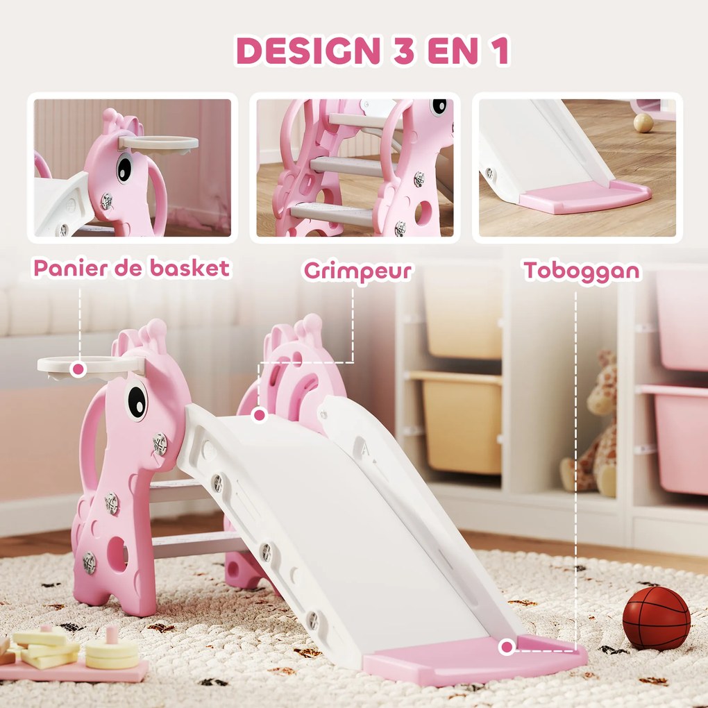 Escorrega infantil 3 em 1 em forma de girafa com cesto de basquetebol, trepa-trepa e bola, 106 x 51,5 x 52 cm, rosa