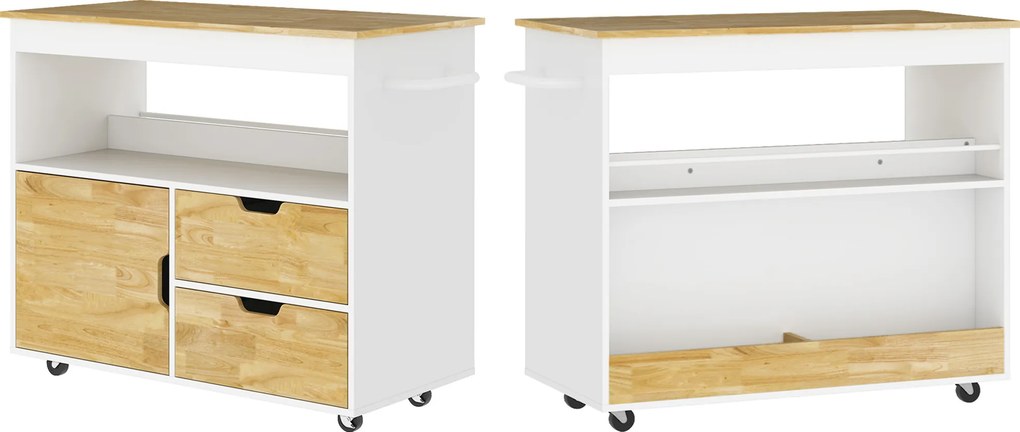 HOMCOM Carrinho de cozinha, ilha de cozinha móvel, trolley de cozinha com compartimentos, armário e bancada, branco | Aosom Portugal