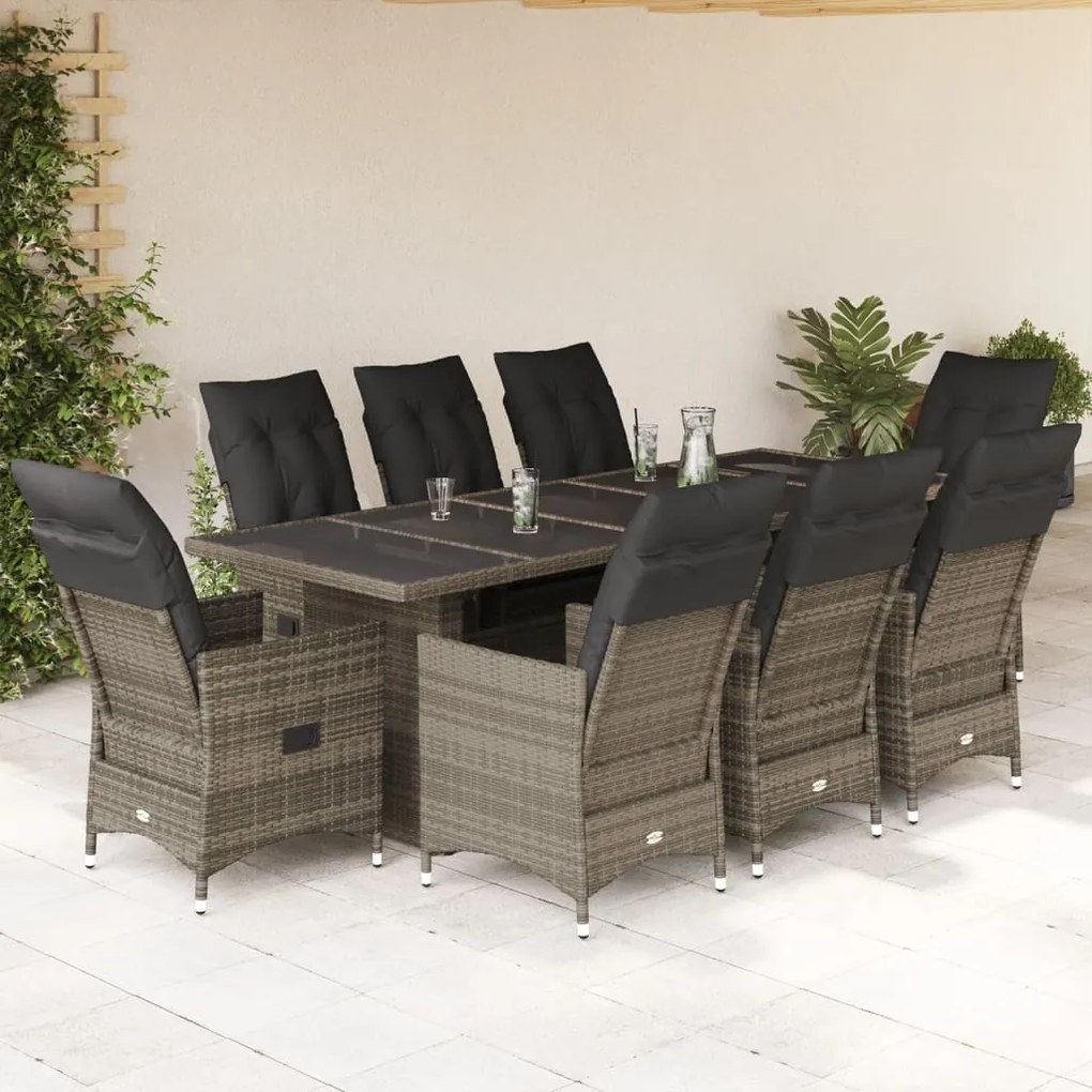 vidaXL 9 pcs conjunto bistrô de jardim c/ almofadões vime PE cinzento