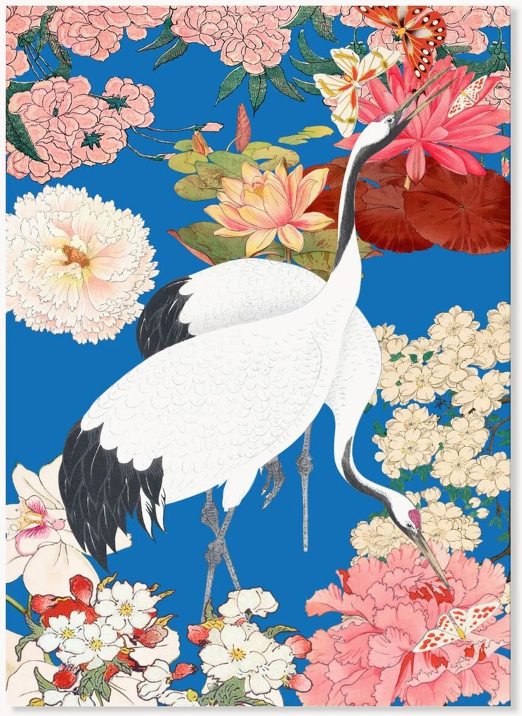 Poster Japanese Cranes Floral Art