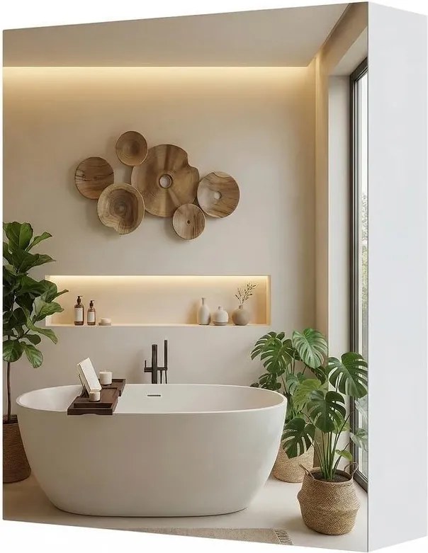 Armário casa banho suspenso com espelho 13 x 50 x 60 cm, armário de arrumação com prateleiras ajustáveis, moderno branco