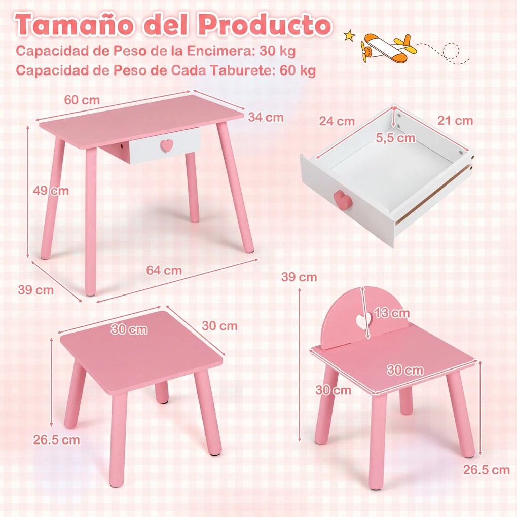 Conjunto de Mesa de Manicure Infantil com Cadeira e Banco, 60 x 34 x 49 cm, Design 2 em 1, Rosa