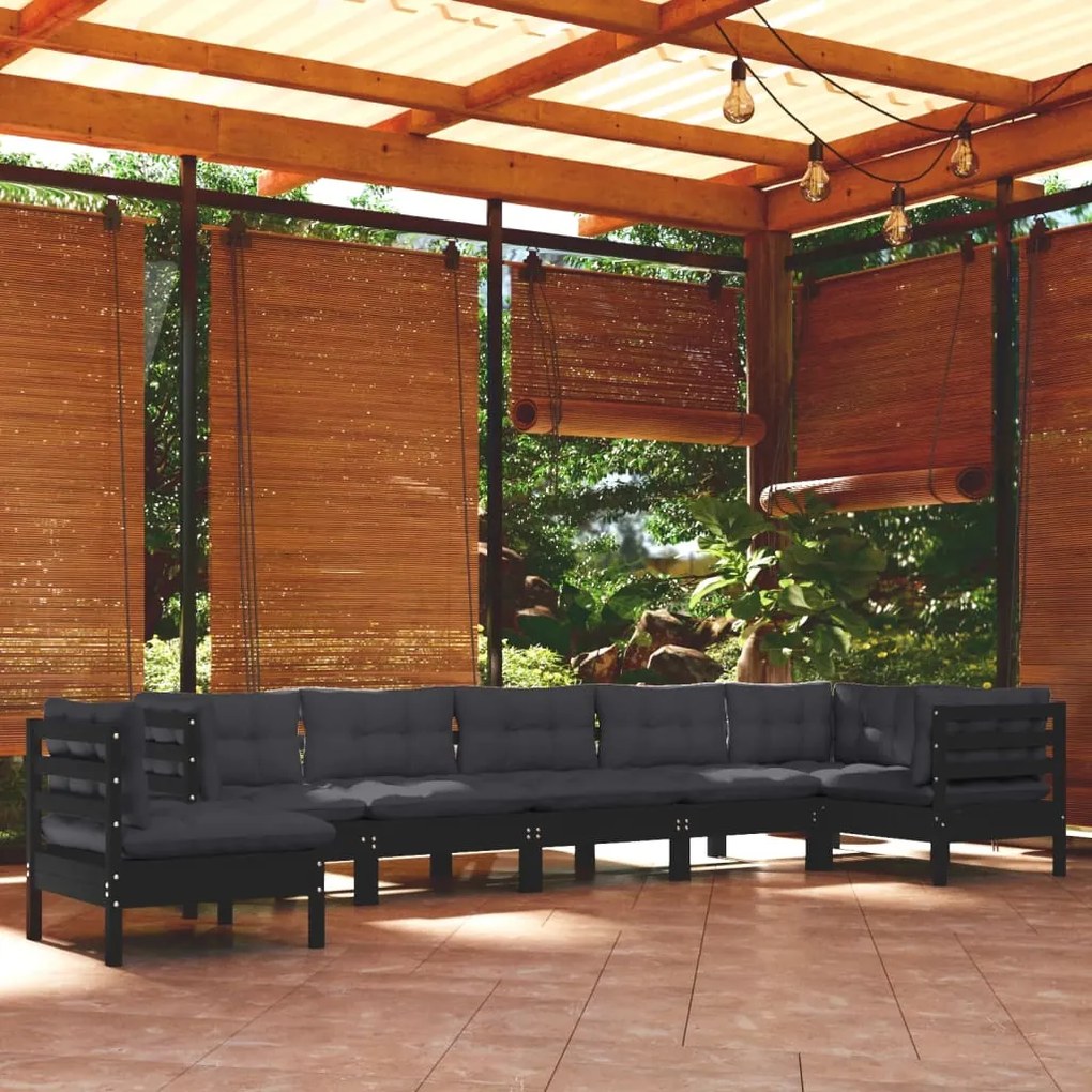 8 pcs conjunto lounge jardim c/ almofadões pinho maciço preto